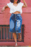 Blue Casual Solid Color Buckle Mid Waist Straight Denim Shorts