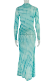 Green Elegant Print O Neck Long Dresses