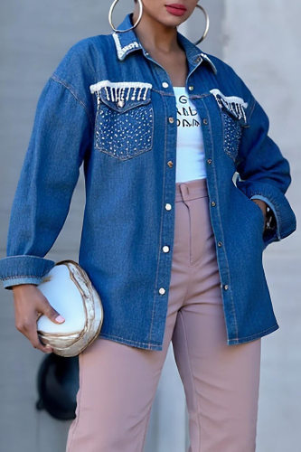 Blue Casual Solid Color Buckle Turndown Collar Long Sleeve Regular Denim Jacket