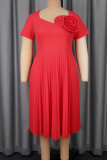 Watermelon Red Elegant Solid Color Pleated Flower Shape O Neck Long Plus Size Dresses