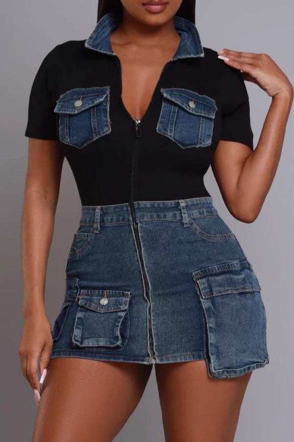 Black Sexy Solid Color Pocket Zipper Zipper Collar Wrapped Skirt Dresses