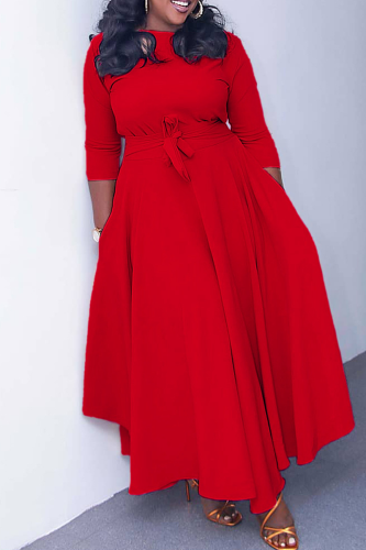 Red Casual Solid Color Pocket Strap Design O Neck Irregular Dresses