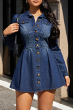 Deep Blue Casual Solid Color Buckle Turndown Collar Long Sleeve Boot Cut Denim Dresses
