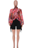 Multicolor Sexy Print Slit O Neck Tops