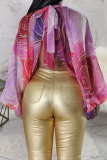 Multicolor Sexy Print Slit O Neck Tops