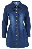 Deep Blue Casual Solid Color Buckle Turndown Collar Long Sleeve Boot Cut Denim Dresses