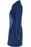 Deep Blue Casual Solid Color Buckle Turndown Collar Long Sleeve Boot Cut Denim Dresses