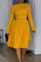 Yellow Elegant Solid Color Buttons Oblique Collar Long Dresses