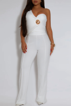 White Sexy Solid Color Metal Accessories Trim Asymmetrical Collar Sleeveless Two Pieces