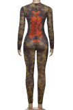 Orange Sexy Print Zipper O Neck Skinny Jumpsuits