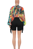 Multicolor Sexy Print Slit O Neck Tops