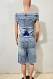 Blue Casual Solid Color Pocket Off Shoulder Sleeveless Bodycon Denim Jumpsuits