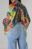 Multicolor Sexy Print Slit O Neck Tops