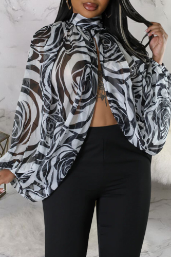 Black And White Sexy Print Slit O Neck Tops