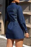 Deep Blue Casual Solid Color Buckle Turndown Collar Long Sleeve Boot Cut Denim Dresses
