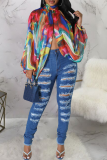 Multicolor Sexy Print Slit O Neck Tops