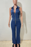 Blue Sexy Solid Color Backless Zipper Turndown Collar Sleeveless Regular Denim Jumpsuits