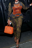 Orange Sexy Print Zipper O Neck Skinny Jumpsuits