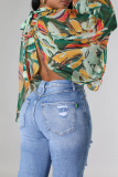 Multicolor Sexy Print Slit O Neck Tops