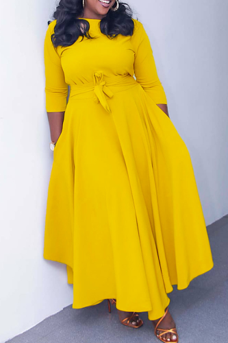 Yellow Casual Solid Color Pocket Strap Design O Neck Irregular Dresses