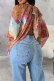 Multicolor Sexy Print Slit O Neck Tops