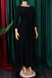 Black Casual Solid Color Pocket Strap Design O Neck Irregular Dresses
