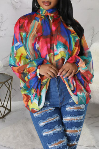 Colour Sexy Print Slit O Neck Tops