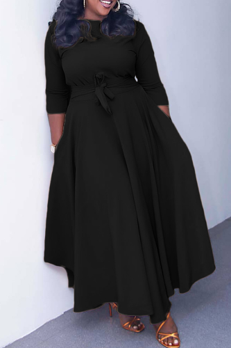 Black Casual Solid Color Pocket Strap Design O Neck Irregular Dresses