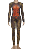 Orange Sexy Print Zipper O Neck Skinny Jumpsuits