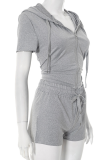 Grey Casual Solid Color Zipper Hooded Short Sleeve Two Pieces