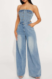 Light Blue Sexy Solid Color Hollow Out Buckle Strapless Regular Jumpsuits