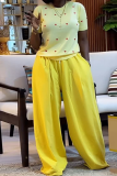 Yellow Casual Love Print O Neck Short Sleeve Two Pieces