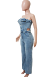 Light Blue Sexy Solid Color Hollow Out Buckle Strapless Regular Jumpsuits