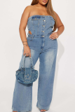 Light Blue Sexy Solid Color Hollow Out Buckle Strapless Regular Jumpsuits