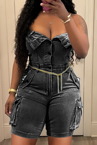 Black Sexy Solid Color Pocket Buckle Strapless Skinny Rompers