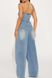 Light Blue Sexy Solid Color Hollow Out Buckle Strapless Regular Jumpsuits
