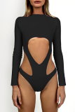 Black Sexy Solid Color Hollow Out O Neck Long Sleeve Two Pieces