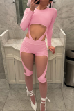 Black Sexy Solid Color Hollow Out O Neck Long Sleeve Two Pieces