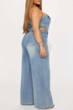 Light Blue Sexy Solid Color Hollow Out Buckle Strapless Regular Jumpsuits