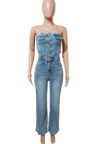 Light Blue Sexy Solid Color Hollow Out Buckle Strapless Regular Jumpsuits