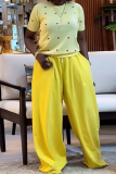 Yellow Casual Love Print O Neck Short Sleeve Two Pieces