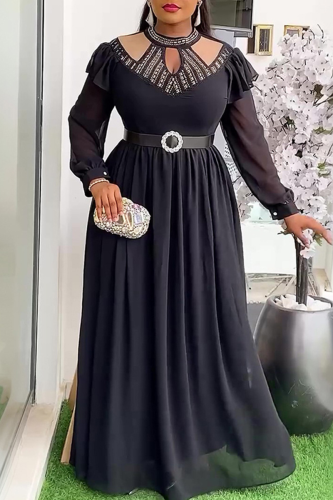 Black Elegant Solid Color Hollow Out Hot Drill O Neck Long Plus Size Dresses