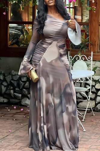 Light Brown Elegant Print Patchwork Asymmetrical Collar Long Dresses