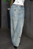 Blue Casual Solid Color Patchwork Mid Waist Loose Denim Jeans