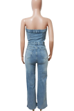 Light Blue Sexy Solid Color Hollow Out Buckle Strapless Regular Jumpsuits
