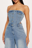 Light Blue Sexy Solid Color Hollow Out Buckle Strapless Regular Jumpsuits