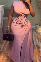 Purple Elegant Solid Color Ruched Hot Drill Oblique Collar Long Dresses