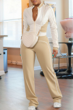Grey Casual Zipper Contrast Zipper Collar Long Sleeve Two Pieces