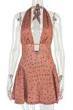 Dark Brown Sexy Polka Dot Backless Strap Design Halter A Line Dresses