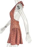 Dark Brown Sexy Polka Dot Backless Strap Design Halter A Line Dresses